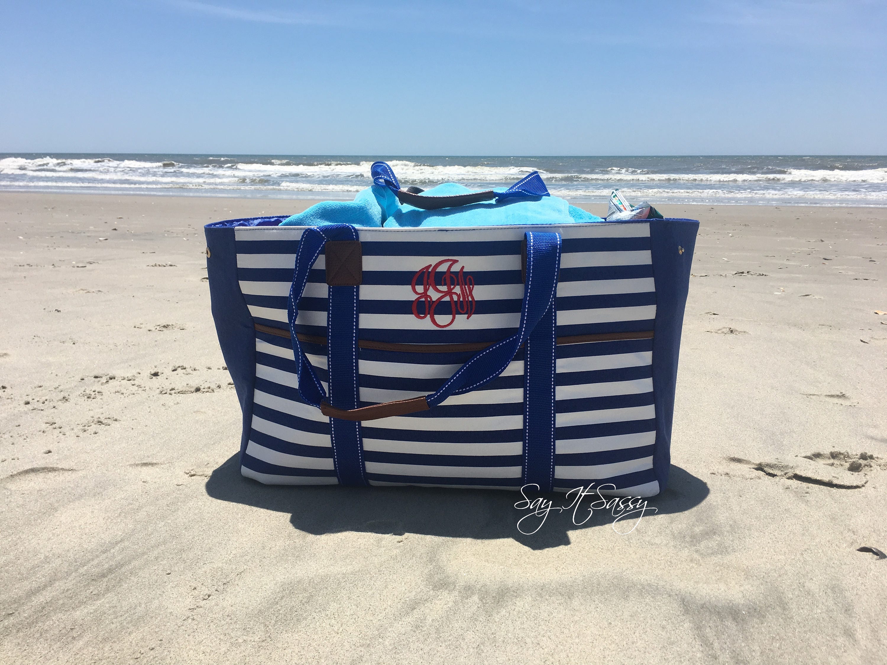 Beach Bag -Large Striped Beach Bag - Monogram Beach Bag- Canvas Summer Tote Bag - Monogrammed ...