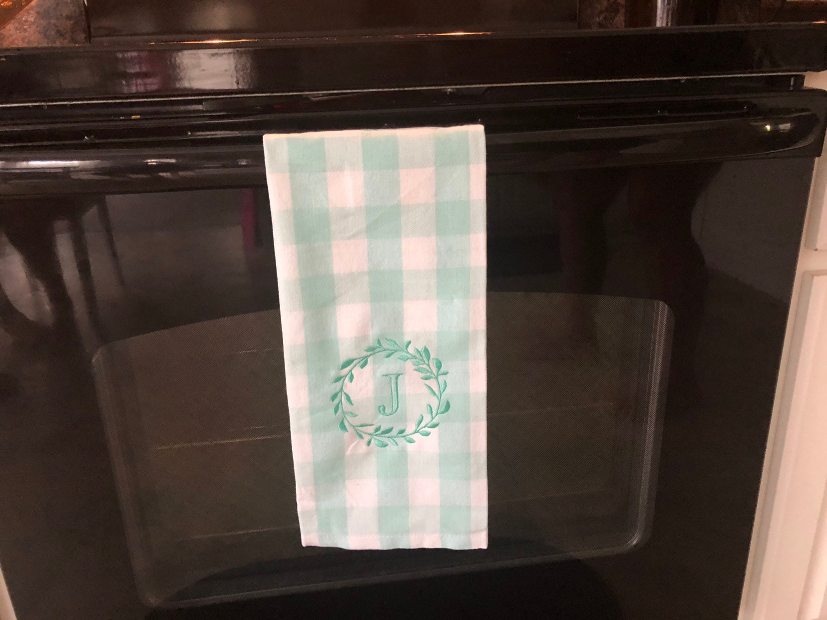 Buffalo Check Kitchen Towel, Monogram Towel, Mint Buffalo Check