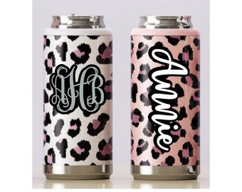 Leopard Skinny Can Cooler, Skinny Can Cooler, Personalized Can Cooler, Stainless Steel Can Cooler, Slim Can Cooler, Leopard Koozie
