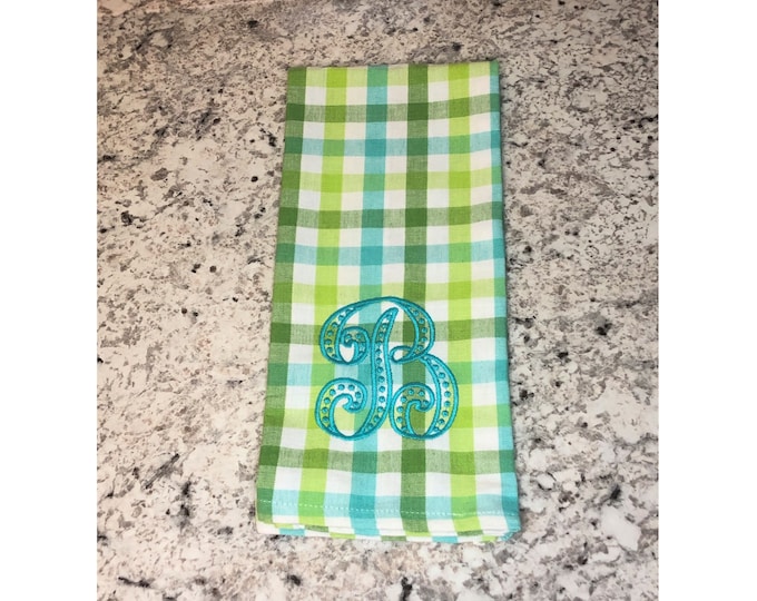 Teal and Lime Plaid Kitchen Towel, Personalized Dish Towel, Kitchen Decor, Monogrammed Tea Towel, Monogram Tea Towel, Plaid Dish Towel