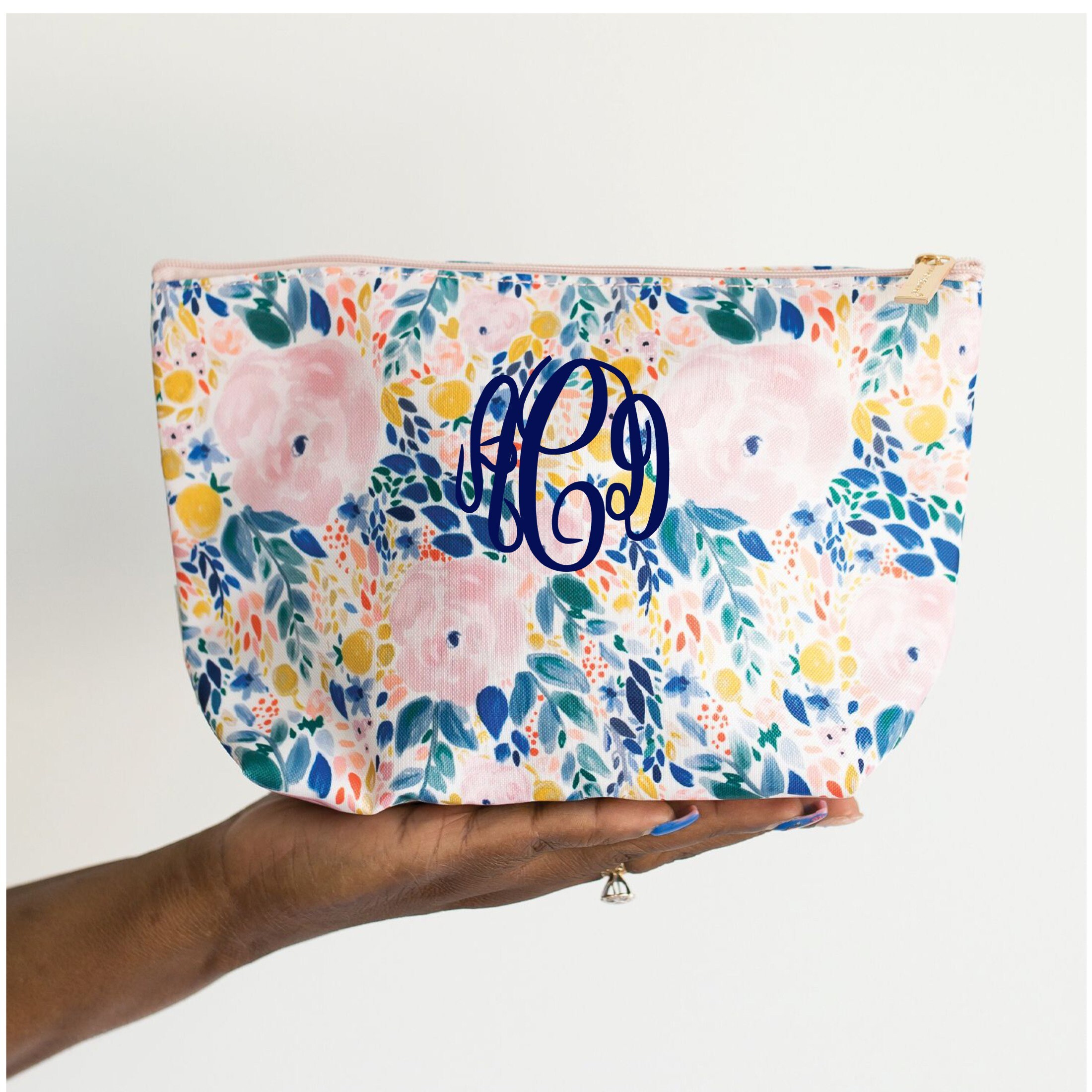 Floral Makeup Bag, Monogrammed Cosmetic Bag, Floral Zipper Bag, Floral