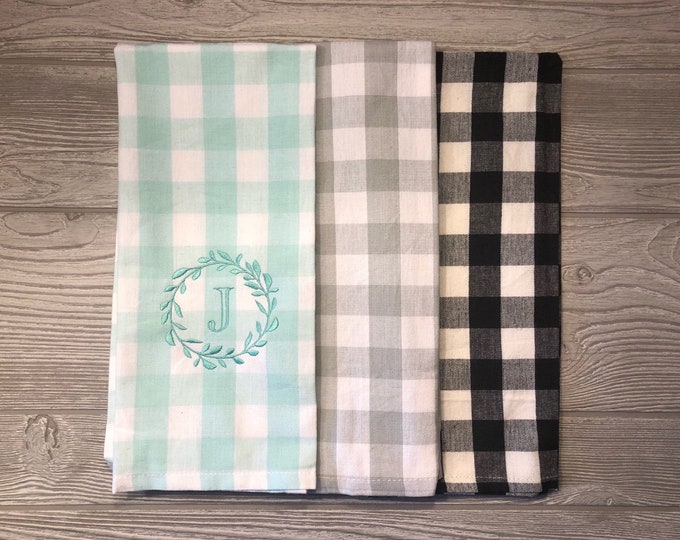 Buffalo Check Kitchen Towel,  Monogram Towel, Mint Buffalo Check, Black Buffalo Check, Grey Buffalo Plaid, Navy Buffalo Plaid