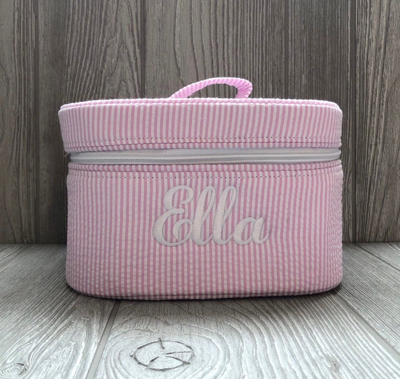 Monogrammed MakeUp Bag Make Up Bag Cosmetic Bag Train Case Seersucker Cosmetic  Bag -Bridesmaid Gift -Toiletry Bag-Gifts for Her-Personalized