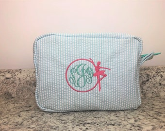 Dancer Cosmetic Bag, Dancer Gift, Seersucker Makeup Bag, Dance Gift, Dance Recital Gift, Dance Team Gift, Dance Monogram, Seersucker Bag