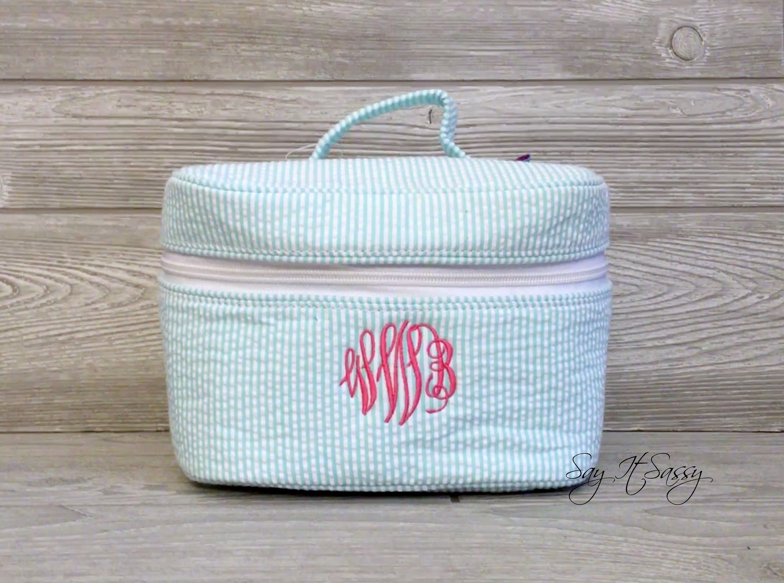 Monogrammed MakeUp Bag Make Up Bag Cosmetic Bag Train Case Seersucker