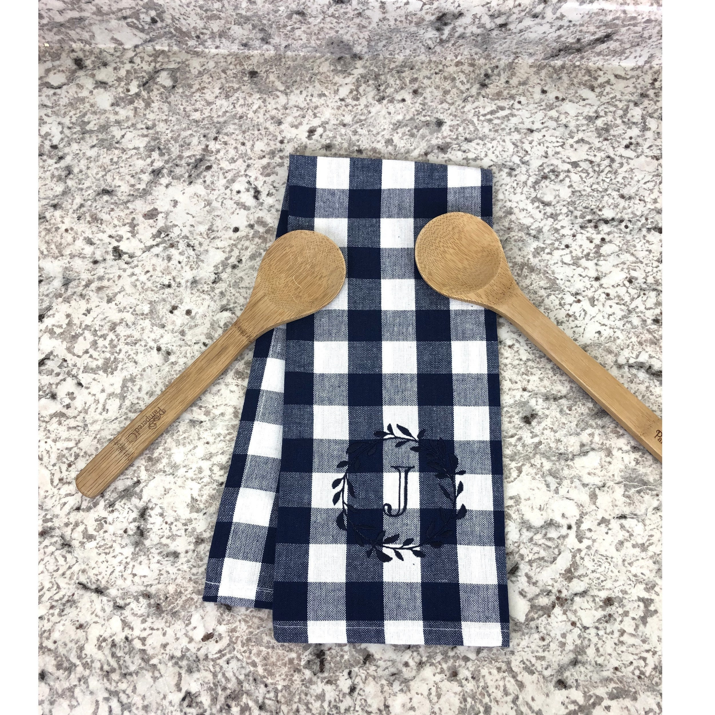 Navy Buffalo Plaid Kitchen Towel, Laurel Wreath Personalized Dish