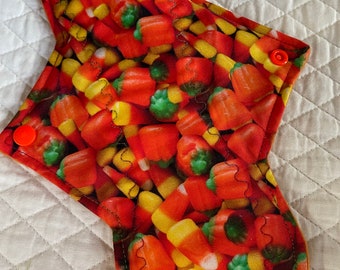 10.25 Candy Corn  trick or treat ON HALLOWEEN on cotton   Top reusable cloth pad ( Regular)