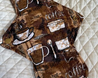 10” Coffee anyone on flannel   Top reusable  Heavy cloth panty liner