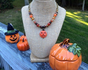 AUTUMN JACKOLANTERN - Halloween and Fall necklace with bronze chain and toggle clasp
