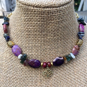 Little Lotus - Maroon beaded choker style necklace with crystals and lotus charm, gold chain and toggle clasp by MoonWoodMakings