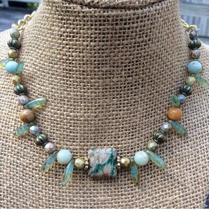 Atlantis - Czech glass teal and gold beaded necklace with chain and toggle clasp by MoonWoodMakings
