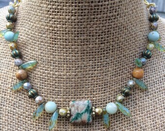 Atlantis - Czech glass teal and gold beaded necklace with chain and toggle clasp by MoonWoodMakings