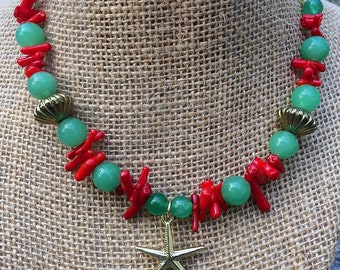 Under The Sea - Mermaid ocean inspired necklace with coral and green aventurine beads, starfish charm, gold chain and toggle clasp