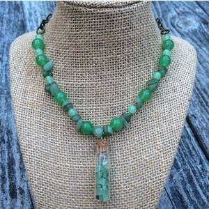 GREEN AVENTURINE & BRONZE - 100% Green Aventurine 15in beaded necklace with bronze chain and toggle clasp by MoonWoodMakings