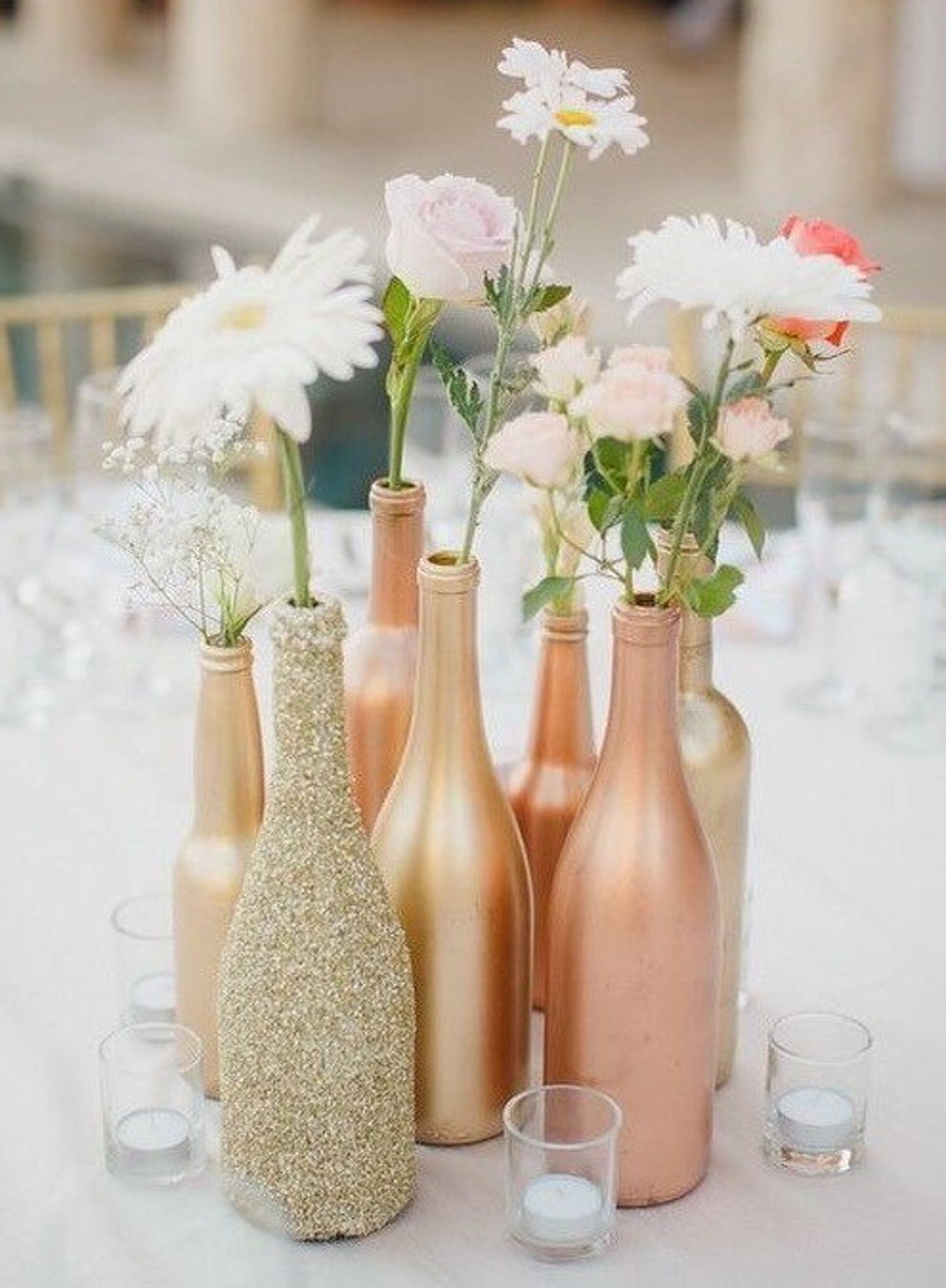 Gold Bottle Vases, Centerpieces Vases, Wedding Decor, Gold Glitter Vase