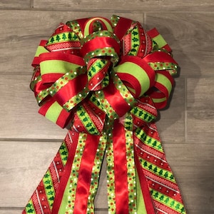 Tree Topper Bow, Large Christmas Bow for Christmas Tree or Lamp Post, Red and Lime Green Bow