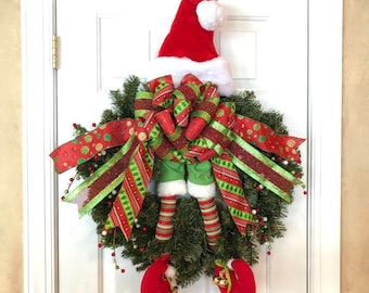 Christmas Elf Wreath:Christmas Wreath-Elf Legs Wreath-Winter Holiday Wreath-Christmas Door Decoration-Santa Hat Wreath