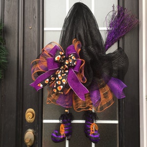Witch Hat Wreath, Halloween Witch Wreath; Black Deco Mesh Witch Hat Wreath with Legs & Broom, Orange and Purple Halloween Witch Hat Wreath
