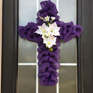 Easter Wreath: Cross Wreath; Burlap Easter Cross Door Hanger, Purple Cross Wreath with Lily Center
