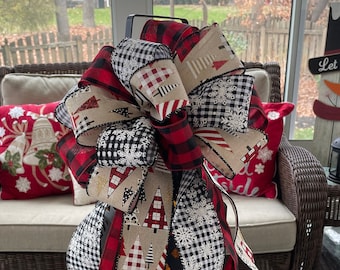 Farmhouse Christmas Wreath Bow: Farmhouse Tree Topper Bow, Christmas Bow with Red Buffalo Check, Snowflake, and Christmas Tree Ribbons