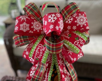 Bright Red and Green Christmas Wreath or Tree Topper Bow: Christmas Bow with Plaid, Merry Christmas Wording, and Snowflake Ribbons