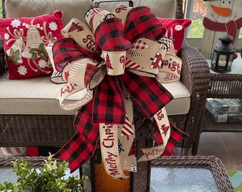 Farmhouse Christmas Wreath Bow: Farmhouse Tree Topper Bow, Bow w/ Ribbon of Red Buffalo Check, Christmas Trees, & Glittered Merry Christmas