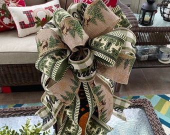 Farmhouse Christmas Wreath Bow: Farmhouse Tree Topper Bow, Christmas Bow w/ Rustic Ribbons of Green & Black w/ Reindeer and Merry Christmas