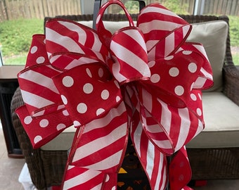 Large Wreath Bow, Red and White Christmas Bow; Peppermint and Polka Dot Bow, Lantern Bow