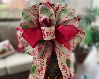Farmhouse Christmas Wreath Bow: Farmhouse Tree Topper Bow, Christmas Bow w/ Rustic Ribbons of Merry Christmas, Green & Red Check, Solid Red