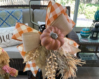 Farmhouse Lamp Fall Spray; Rustic Small Fall Pumpkin  Bow for Porch Lamp or Lantern, Small Fall Swag