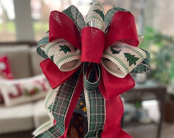 Farmhouse Christmas Wreath Bow: Farmhouse Tree Topper Bow, Christmas Bow with Rustic Ribbons of Christmas Trees, Green Plaid and Solid Red