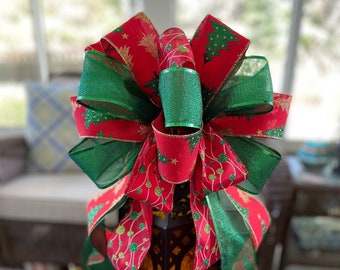 Tree Topper Bow, Large Elegant Christmas Bow for Christmas Tree or Lamp Post: Glittered Red and Green Christmas Bow