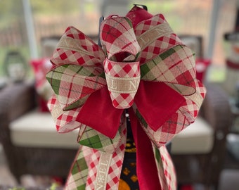 Farmhouse Christmas Wreath Bow: Farmhouse Tree Topper Bow, Christmas Bow with Rustic Ribbons of "Noel", Green and Red Check, and Solid Red