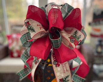 Farmhouse Christmas Wreath Bow: Farmhouse Tree Topper Bow, Christmas Bow with Rustic Ribbons of Red Trucks, Green Plaid, and Solid Red