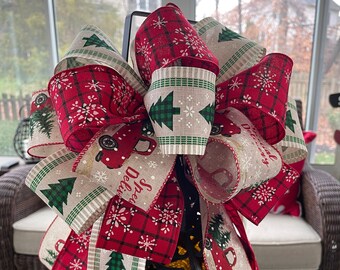 Farmhouse Christmas Wreath Bow: Farmhouse Tree Topper Bow, Christmas Bow with Red Truck, Snowflake, and Christmas Tree Ribbons