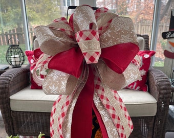 Farmhouse Christmas Wreath Bow: Farmhouse Tree Topper Bow, Christmas Bow with Rustic Ribbons of "Noel", White Snowflakes, and Solid Red