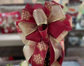 Elegant Christmas Wreath Bow: Glittered Tree Topper Bow, Christmas Bow w/ Ribbons of Glittered Burgundy and Gold, Formal Bow