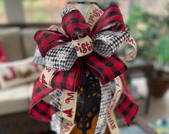 Farmhouse Christmas Wreath Bow: Farmhouse Tree Topper Bow, Bow w/ Rustic Ribbons of Red Buffalo Check, Snowflakes, & "Merry Christmas"
