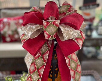 Farmhouse Christmas Wreath Bow: Farmhouse Tree Topper Bow, Christmas Bow with Rustic Ribbons of Green & Red Diamonds, Snowflakes, Solid Red