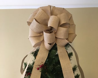 Natural Faux Burlap Christmas Tree Topper Bow, Farmhouse Bow, Lantern Bow