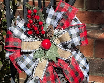Farmhouse Christmas Wreath Bow: Buffalo Check Ribbon Wreath Bow, Lantern Bow