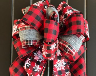 Farmhouse Christmas Wreath Bow: Farmhouse Tree Topper Bow, Christmas Bow with Black and Red Buffalo Check, Red and Gray Ribbons, Lantern Bow