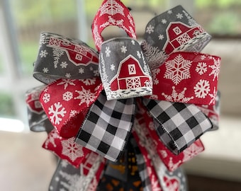 Farmhouse Christmas Bow: Large Wreath or Tree Topper Bow with Red Barn, Buffalo Check, Snowflake Ribbons, Lamp or Lantern Bow