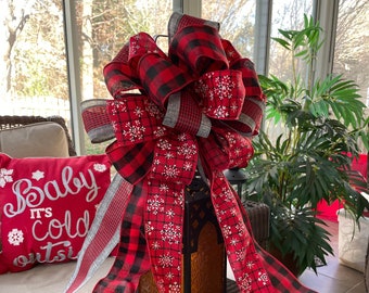 Farmhouse Christmas Wreath Bow: Farmhouse Tree Topper Bow, Christmas Bow with Black and Red Buffalo Check, Red and Gray Ribbons, Lantern Bow