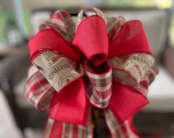 Farmhouse Christmas Wreath Bow: Farmhouse Tree Topper Bow, Christmas Bow with Rustic Plaid, Christmas Wording, and Red Ribbons