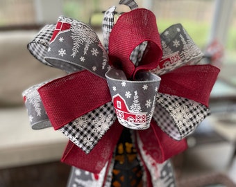 Farmhouse Christmas Bow: Large Wreath or Tree Topper Bow with Red Barn, Black GinghamSnowflake, and Burgundy Ribbons, Lamp or Lantern Bow