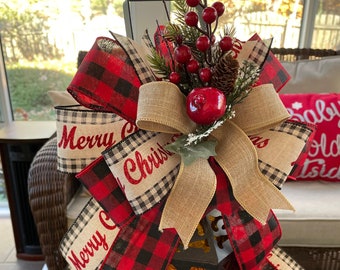 Farmhouse Christmas Wreath Bow: "Merry Christmas" Burlap Ribbon Wreath Bow, Lantern Bow