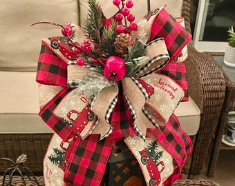 Farmhouse Christmas Wreath Bow: Large Wreath Bow, Christmas Bow with Black and Red Buffalo Check, Red Truck, and Beige Ribbons, Lantern Bow