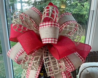 Tree Topper Bow, Large Farmhouse Christmas Bow for Christmas Tree or Lamp Post: Red, Faux Burlap and Gingham, and Jute Square Bow