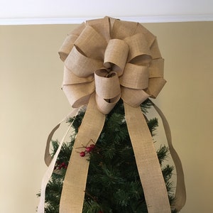 Natural Faux Burlap Christmas Tree Topper Bow, Farmhouse Bow, Lantern Bow